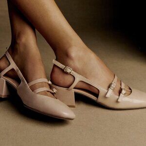 Sézane Paula Babies – Polished Nude Patent Leather Heels, Size 39 (US 8)